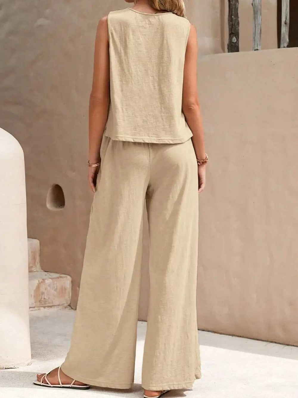 Round Neck Sleeveless Top and Wide Leg Pants Set - Trendsi - Flyclothing LLC