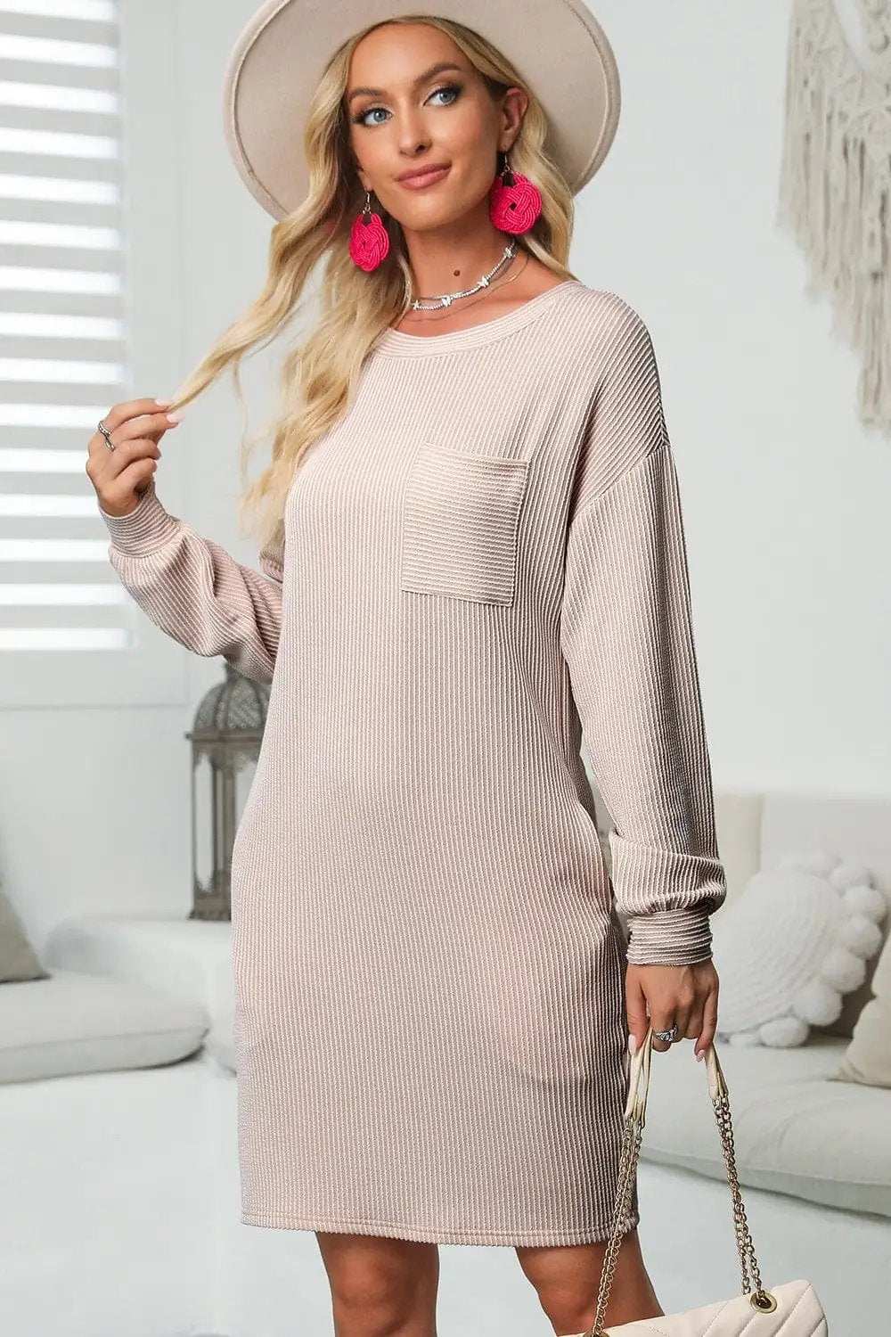 Striped Round Neck Long Sleeve Mini Dress - Trendsi - Flyclothing LLC