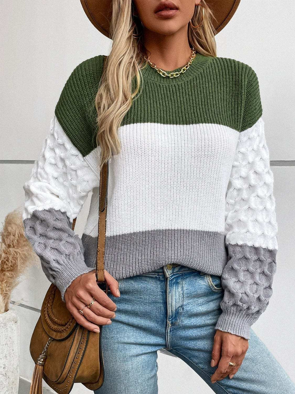 Color Block Round Neck Long Sleeve Sweater - Trendsi - Flyclothing LLC