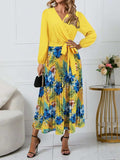 Pleated Printed Surplice Long Sleeve Dress - Trendsi - Flyclothing LLC