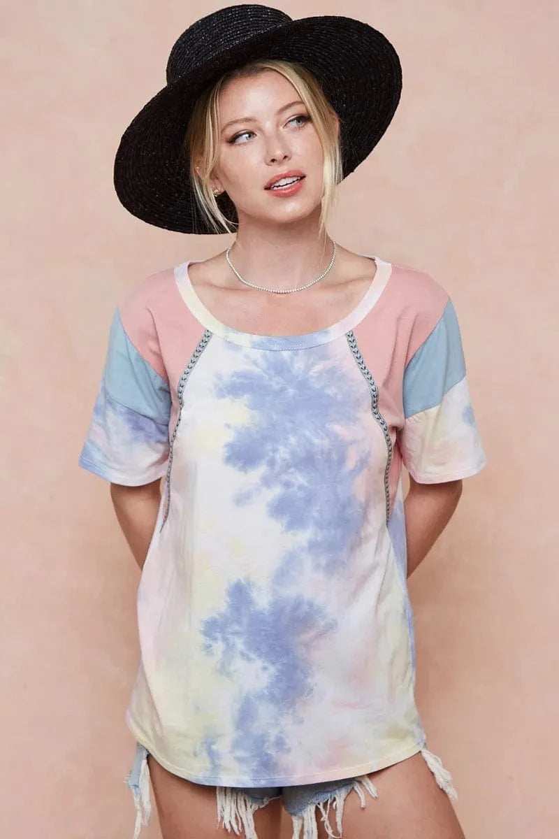 BiBi Tie Dye Printed Cotton Color Block T-Shirt - Trendsi - Flyclothing LLC