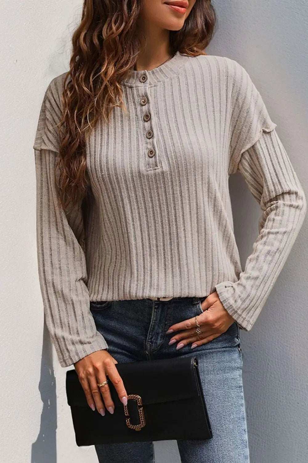 Slit Half Button Long Sleeve T-Shirt - Trendsi - Flyclothing LLC