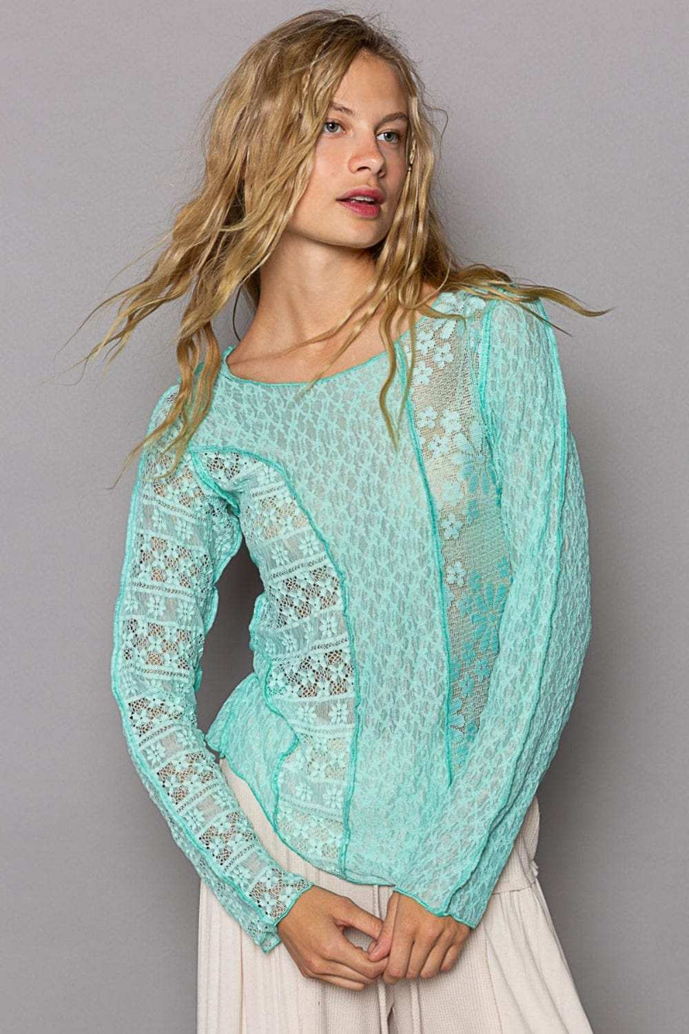 POL Exposed Seam Long Sleeve Lace Knit Top - Trendsi - Flyclothing LLC