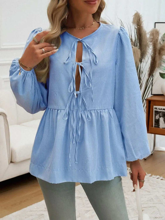 Devine Tied Striped Long Sleeve Blouse - Trendsi - Flyclothing LLC