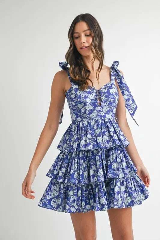 MABLE Floral Print Shoulder Tie Layered Mini Dress - Trendsi - Flyclothing LLC