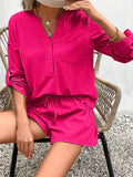 Notched Long Sleeve Top and Shorts Set - Trendsi - Flyclothing LLC