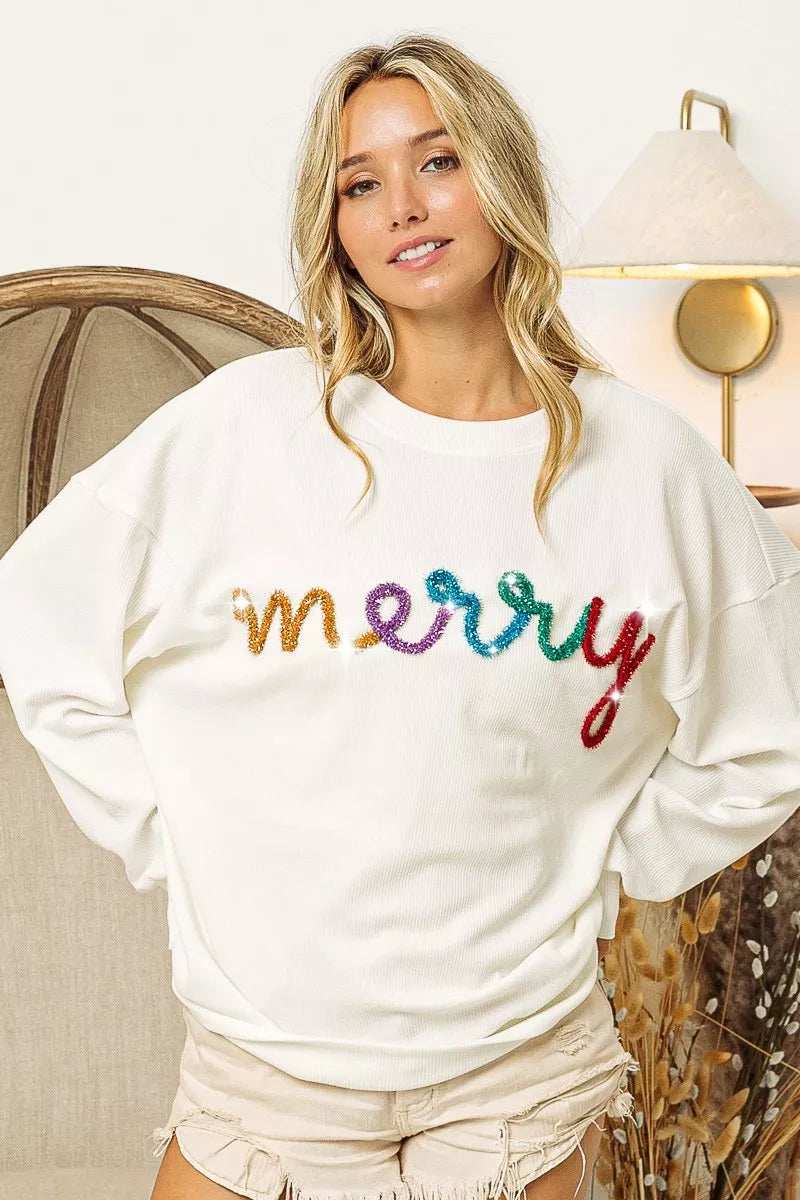 BiBi Merry Tinsel Lettering Drop Shoulder Sweatshirt - Trendsi - Flyclothing LLC