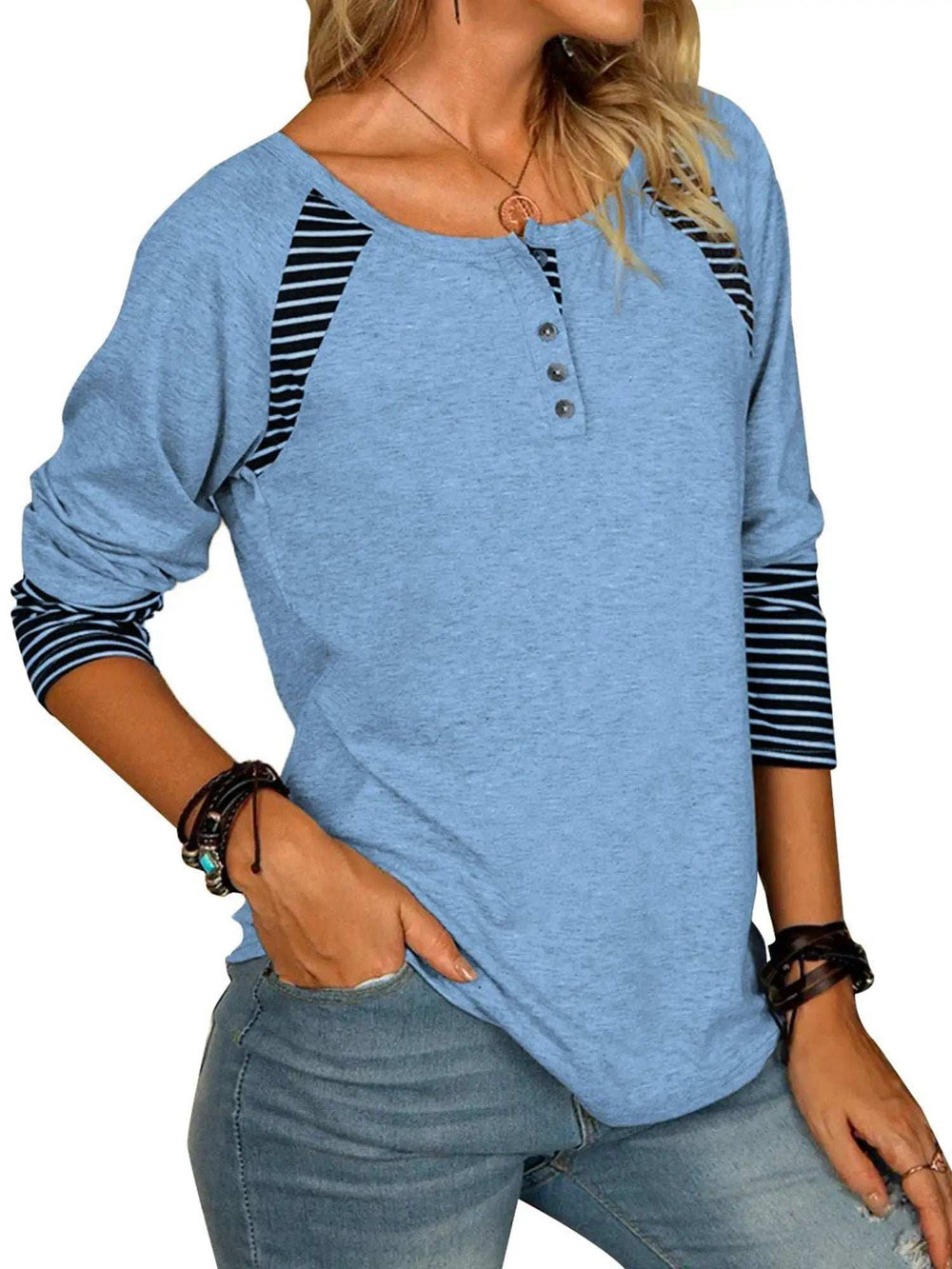 Full Size Striped Quarter Button Long Sleeve T-Shirt - Trendsi - Flyclothing LLC