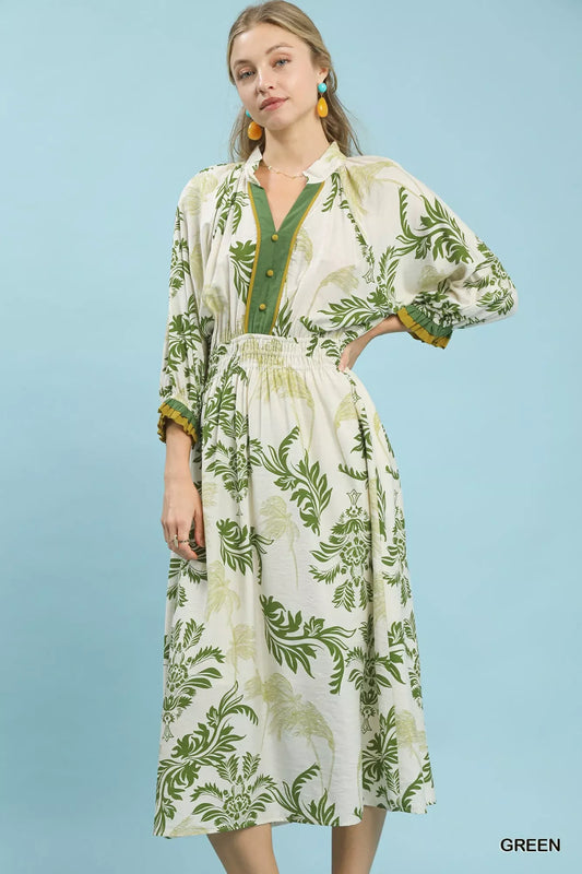 Umgee Tropical Print Button Detail Midi Dress - Trendsi - Flyclothing LLC