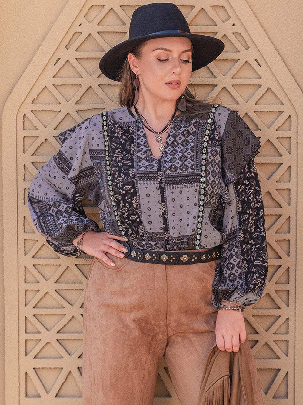 Plus Size Ruffled Printed Notched Long Sleeve Blouse - Trendsi - Flyclothing LLC