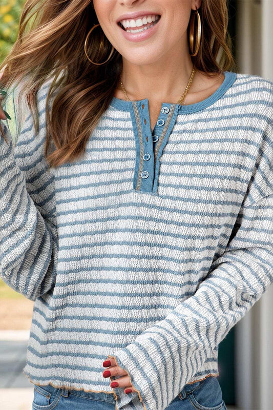 Striped Round Neck Dropped Shoulder Long Sleeve Top - Trendsi - Flyclothing LLC