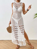 Backless Fringe Hem Round Neck Cover-Up Dress - Trendsi - Flyclothing LLC
