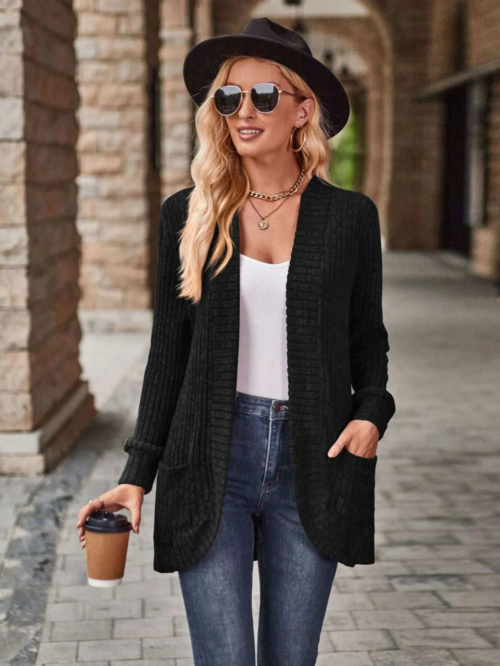 Ribbed Open Front Long Cardigan with Pockets - Trendsi - Flyclothing LLC