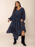 Plus Size Lace Detail Tie Neck Long Sleeve Midi Dress - Trendsi - Flyclothing LLC
