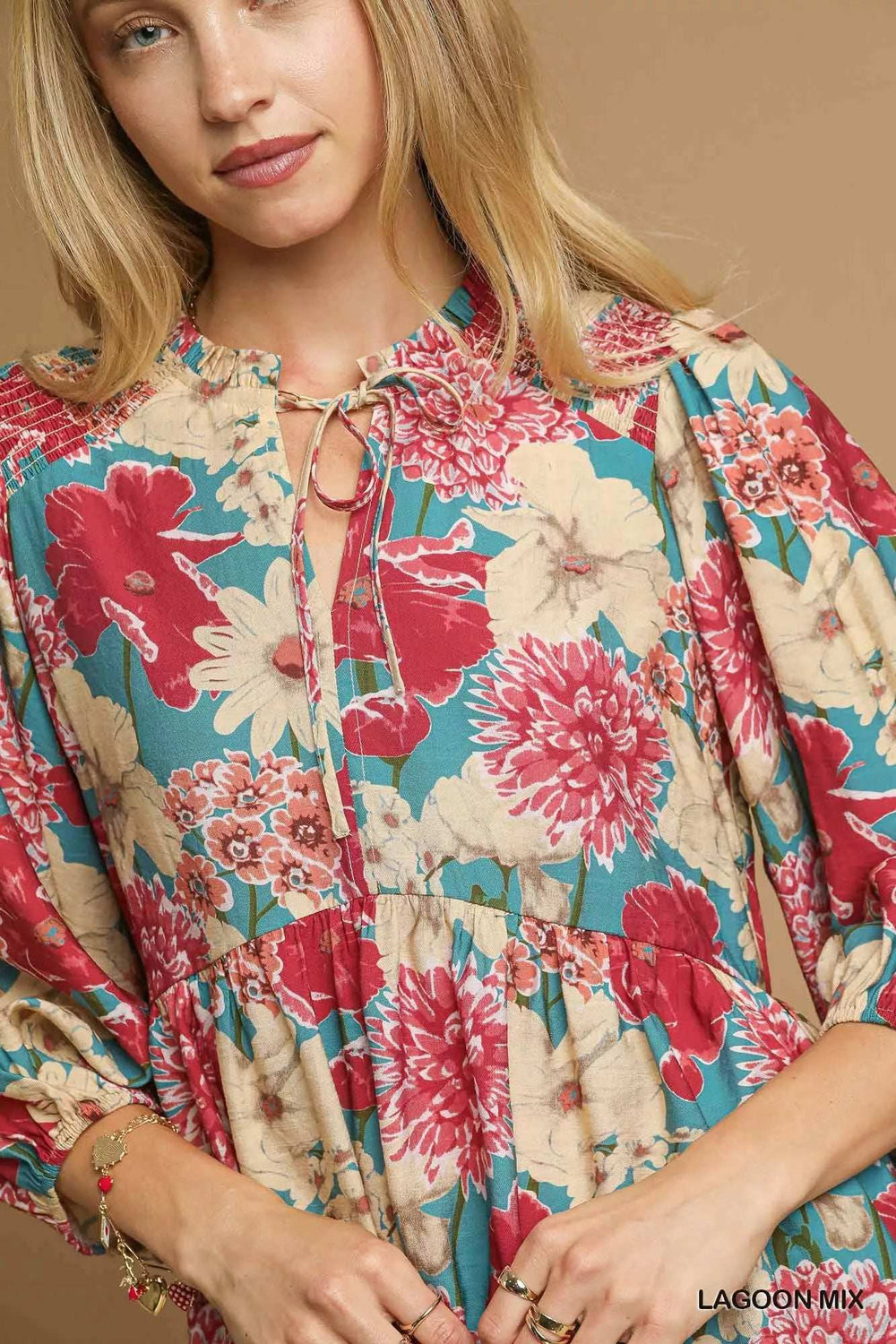 Umgee Mix Floral Peplum Blouse with Tie Neck - Trendsi - Flyclothing LLC