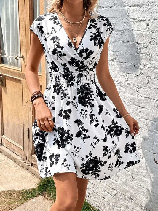 Printed Surplice Cap Sleeve Dress - Trendsi - Flyclothing LLC