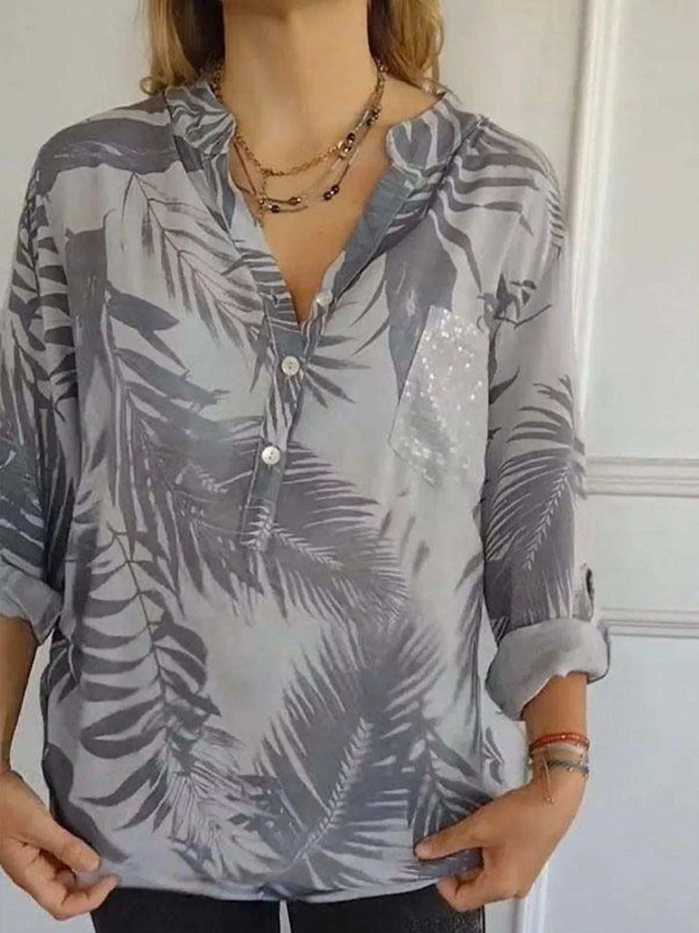 Full Size Printed Button Detail Long Sleeve Blouse Plus Size - Trendsi - Flyclothing LLC
