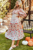 Full Size Printed V-Neck Lantern Sleeve Midi Dress - Trendsi - Flyclothing LLC