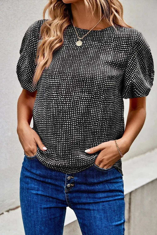 Printed Round Neck Short Sleeve Blouse - Trendsi - Flyclothing LLC