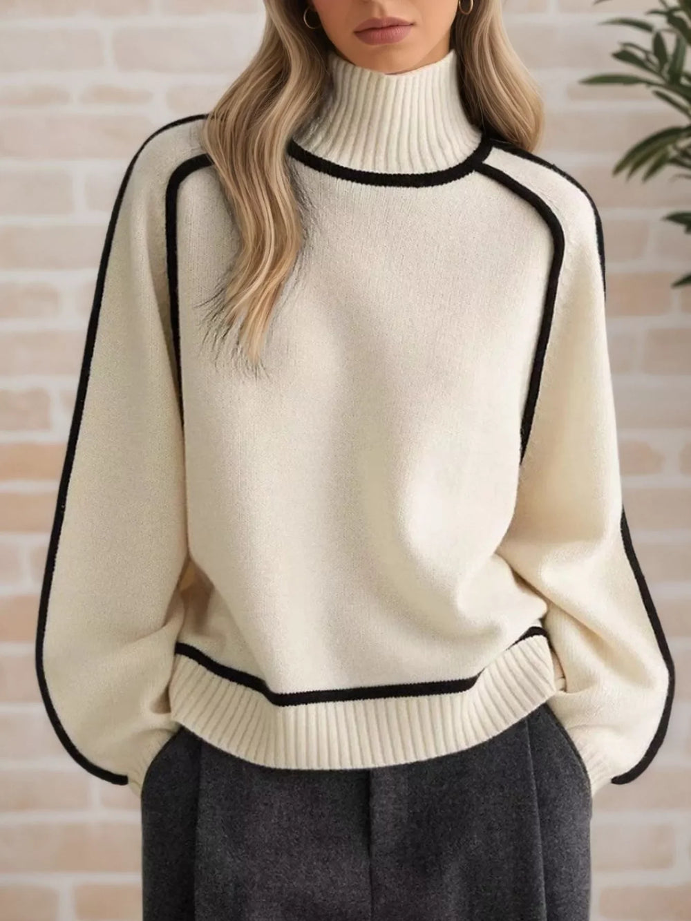 Contrast Trim Turtleneck Sweater - Trendsi - Flyclothing LLC