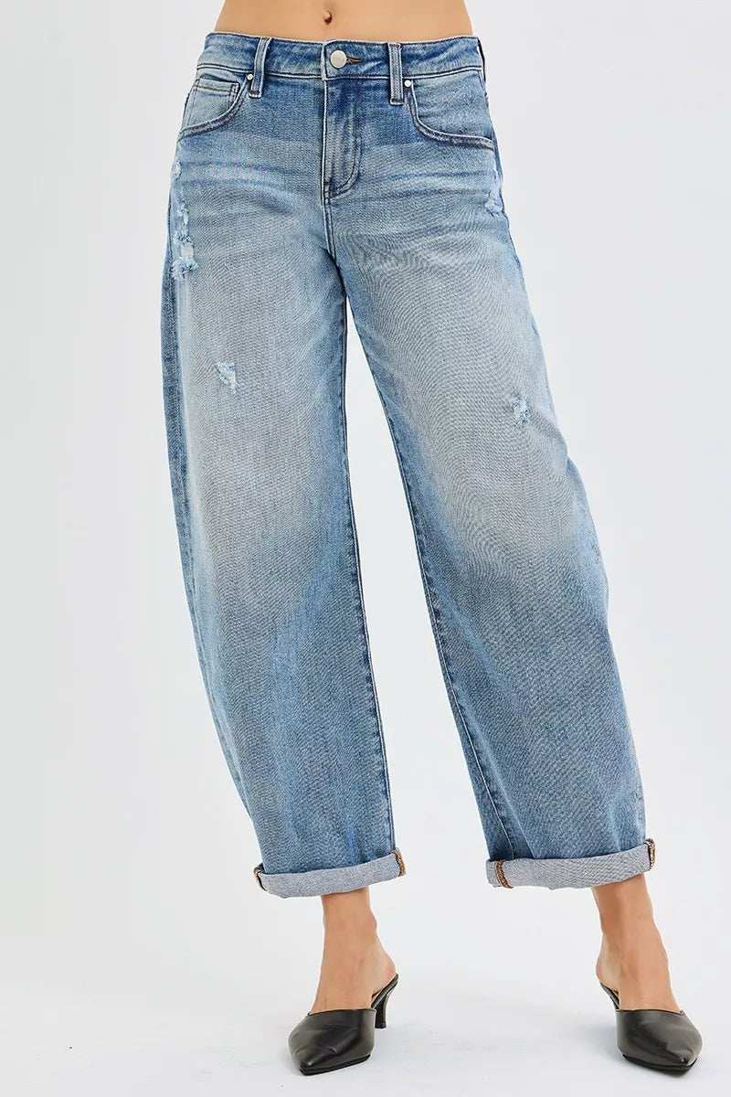 RISEN Full Size Slouchy Ankle Length Barrel Jeans with Cuffs Plus Size - Trendsi - Flyclothing LLC