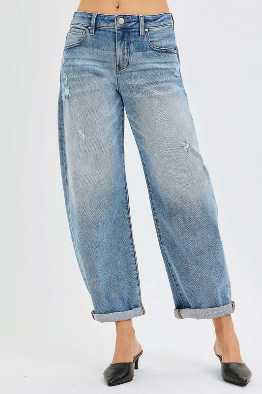 RISEN Full Size Slouchy Ankle Length Barrel Jeans with Cuffs Plus Size - Trendsi - Flyclothing LLC