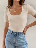 Ribbed Square Neck Short Sleeve Knit Top - Trendsi - Flyclothing LLC