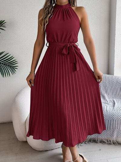 Pleated Tie Waist Sleeveless Midi Dress - Trendsi - Flyclothing LLC