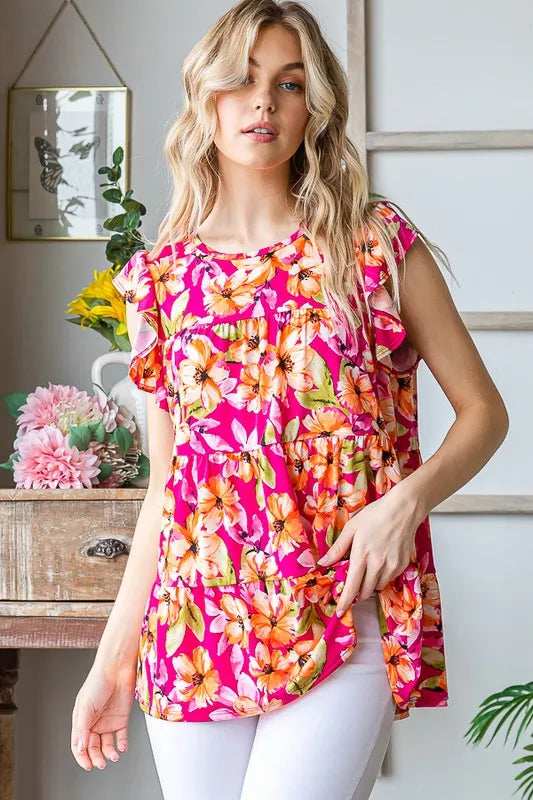 Heimish Full Size Butterfly Sleeve Floral Tiered Top Plus Size - Trendsi - Flyclothing LLC