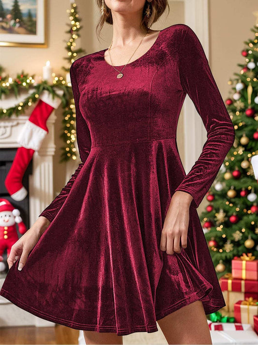 Round Neck Long Sleeve Knee Length Dress - Trendsi - Flyclothing LLC