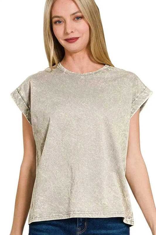 Zenana Crinkle Washed Round Neck Folded Short Sleeve Tee - Trendsi - Flyclothing LLC
