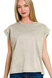 Zenana Crinkle Washed Round Neck Folded Short Sleeve Tee - Trendsi - Flyclothing LLC
