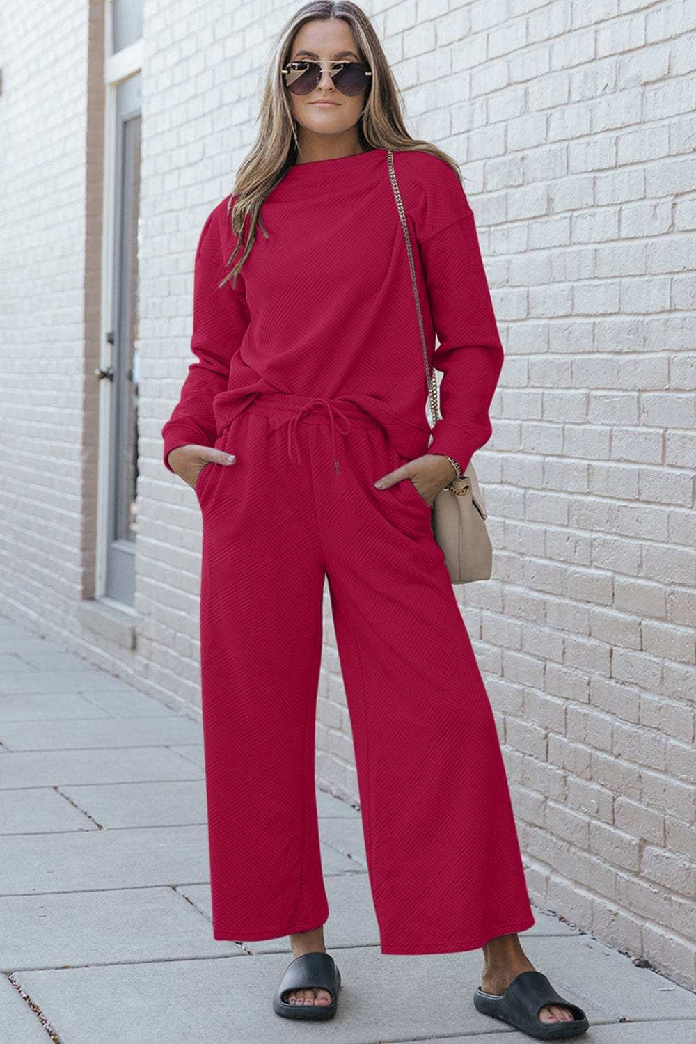 Double Take Full Size Textured Long Sleeve Top and Drawstring Pants Set - Trendsi - Flyclothing LLC