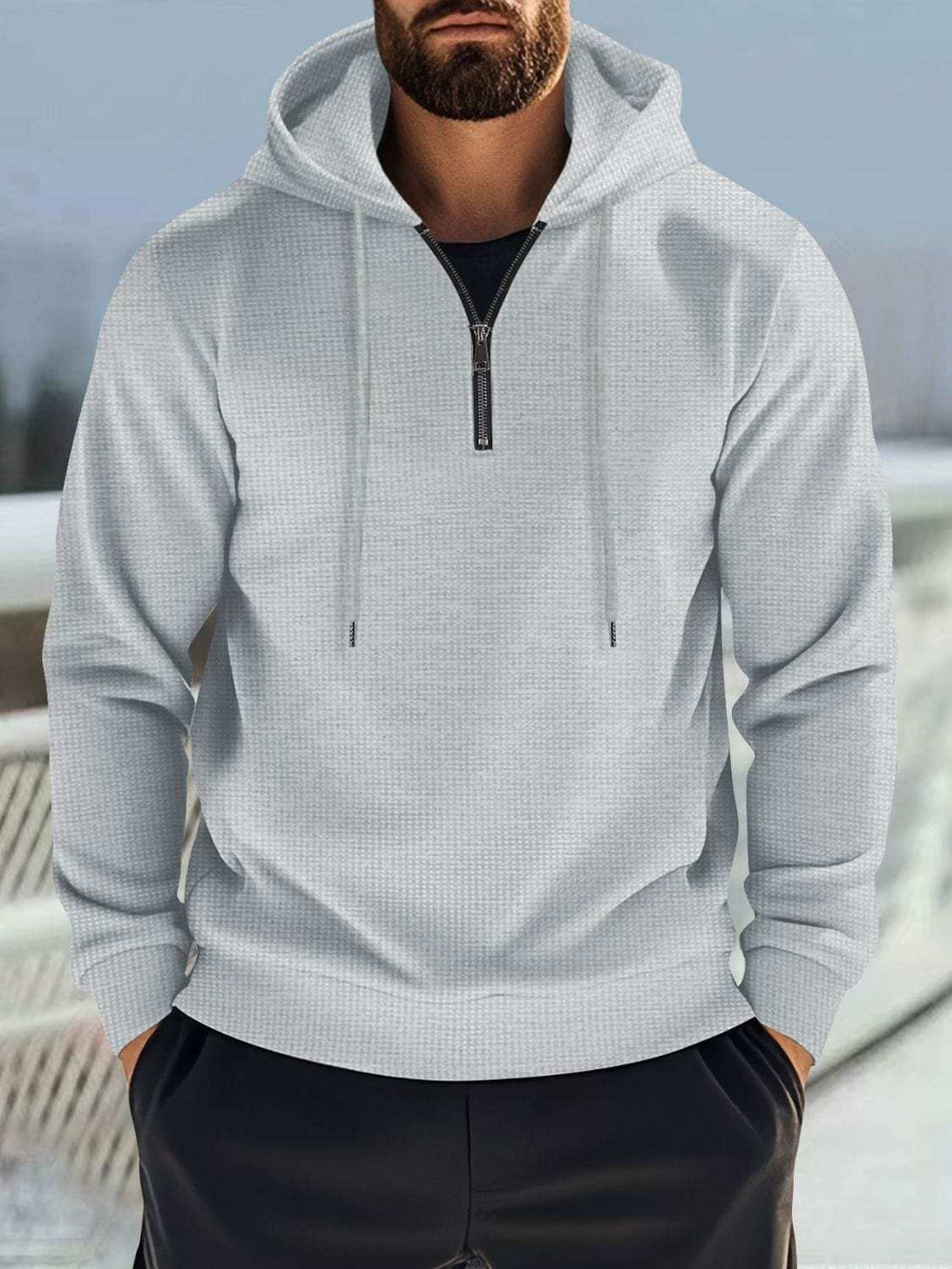 Men's Full Size Quarter Zip Long Sleeve Drawstring Hoodie Plus Size - Trendsi - Flyclothing LLC
