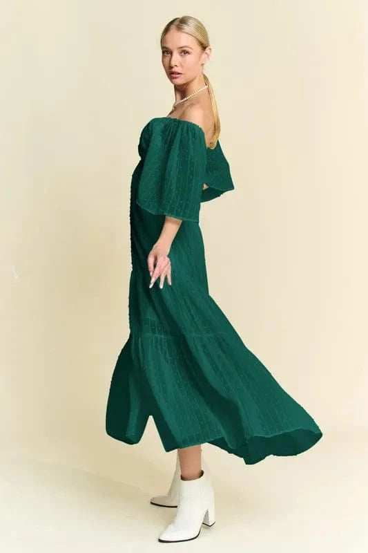 Davi & Dani Swiss Dotted Ruched Ruffle Open Back Midi Dress - Trendsi - Flyclothing LLC