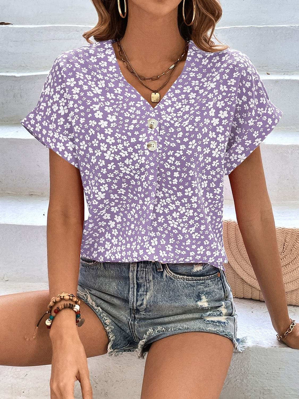 Printed V-Neck Short Sleeve Blouse - Trendsi - Flyclothing LLC