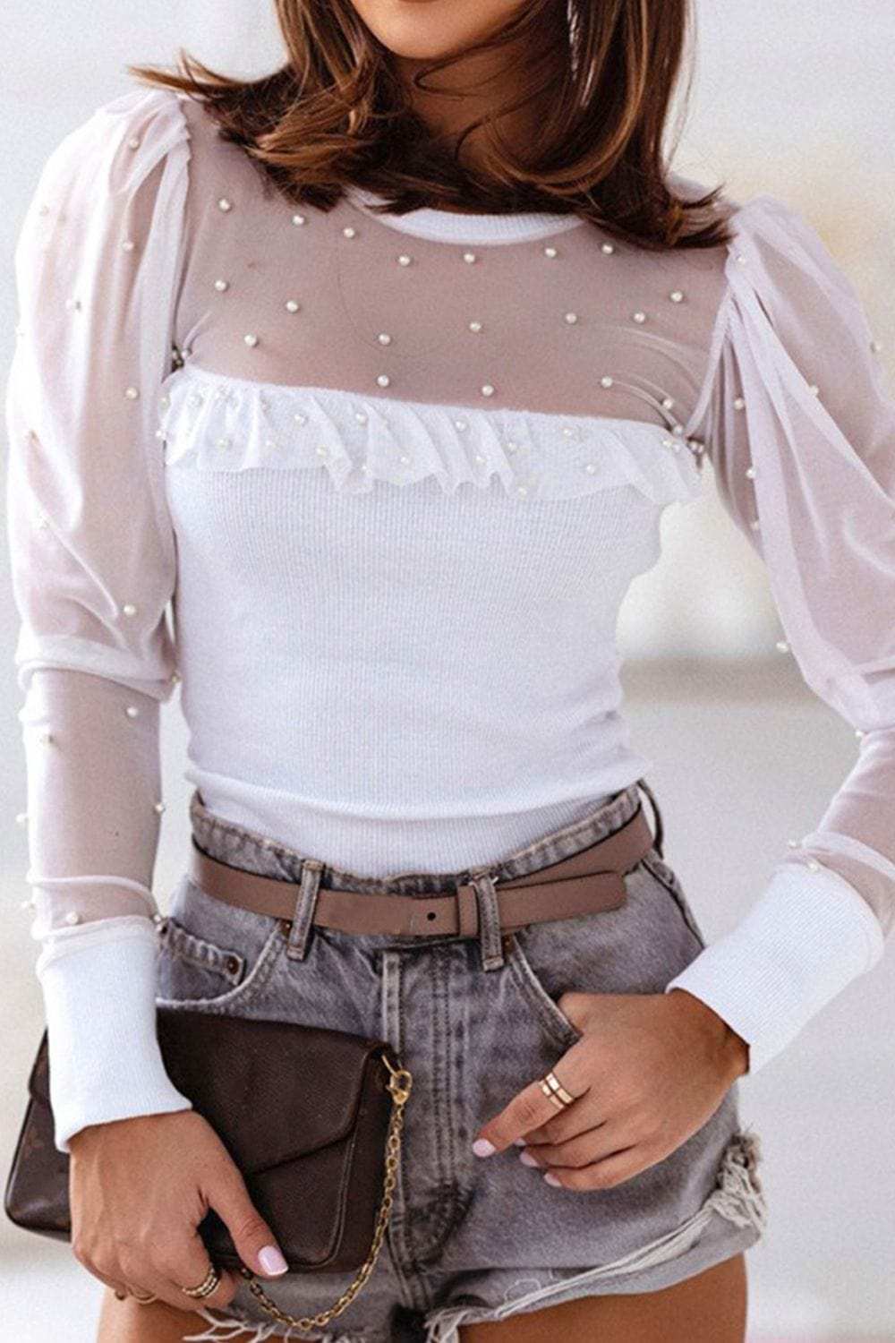 Pearl Decor Mesh Patchwork Ribbed Long Sleeve Top - Trendsi - Flyclothing LLC