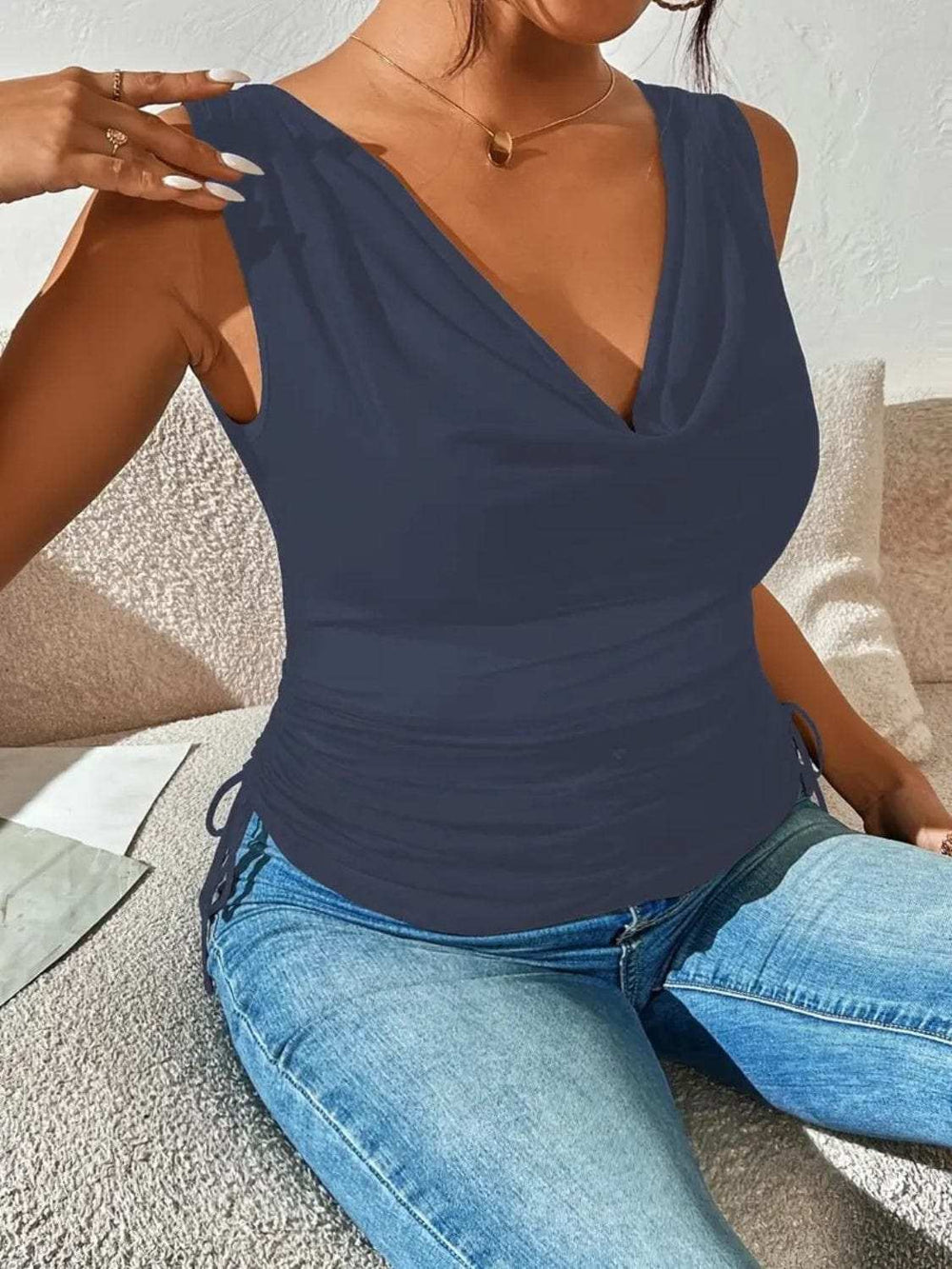 Side Drawstring Ruched Tank - Trendsi - Flyclothing LLC