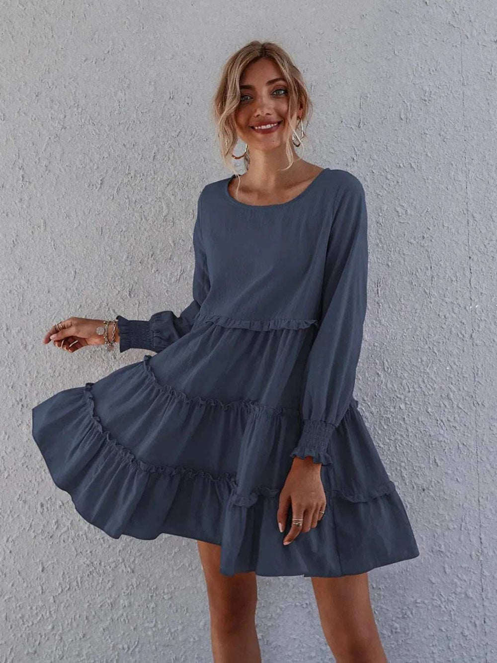 Frill Tiered Long Sleeve Mini Dress - Trendsi - Flyclothing LLC