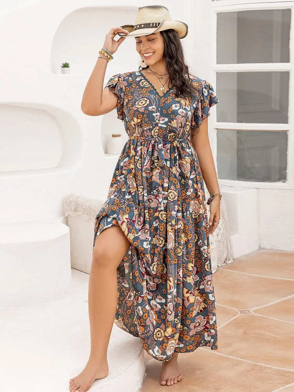 Plus Size Ruffled Printed Cap Sleeve Dress - Trendsi - Flyclothing LLC
