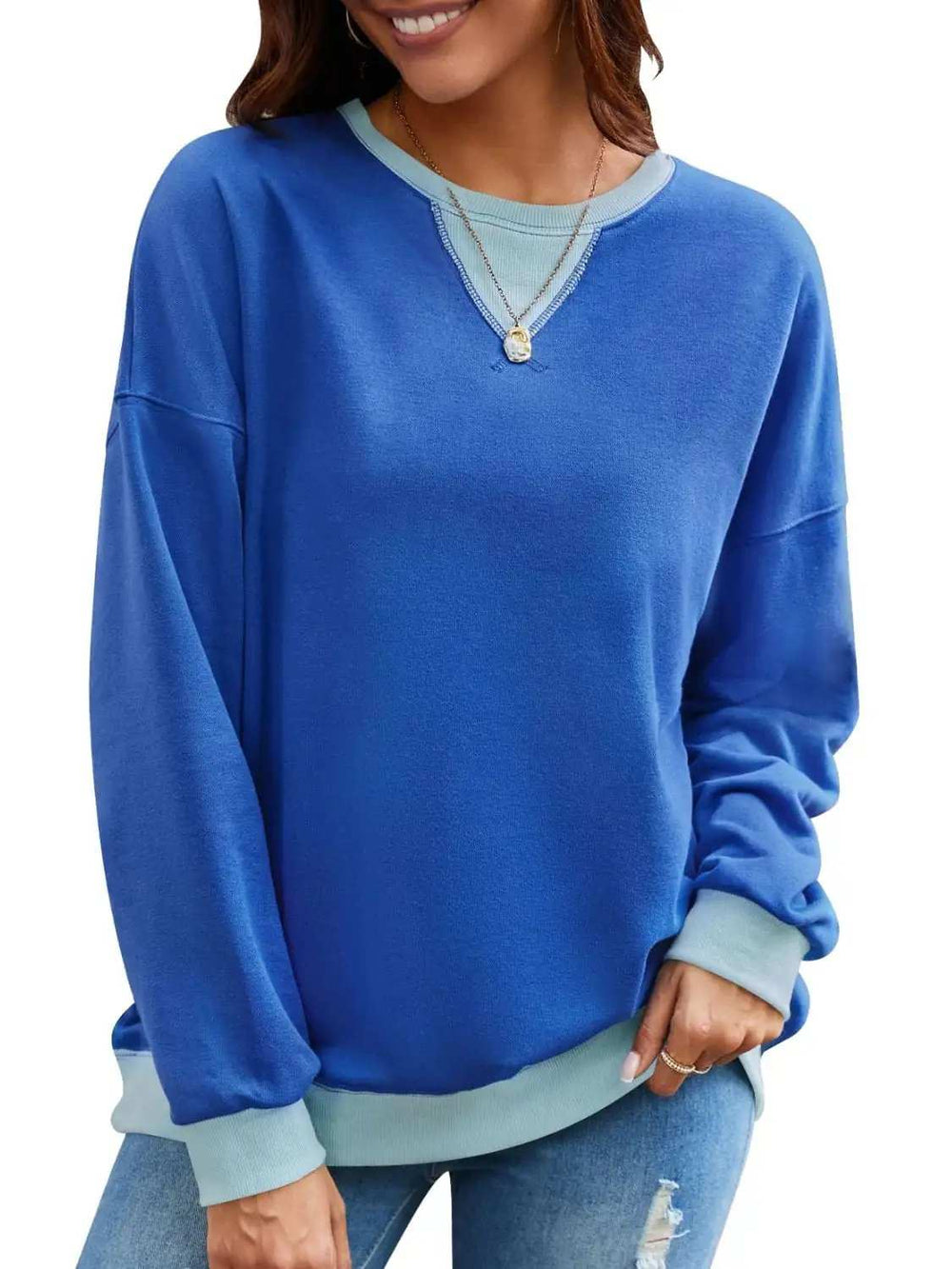 Contrast Round Neck Long Sleeve Sweatshirt - Trendsi - Flyclothing LLC