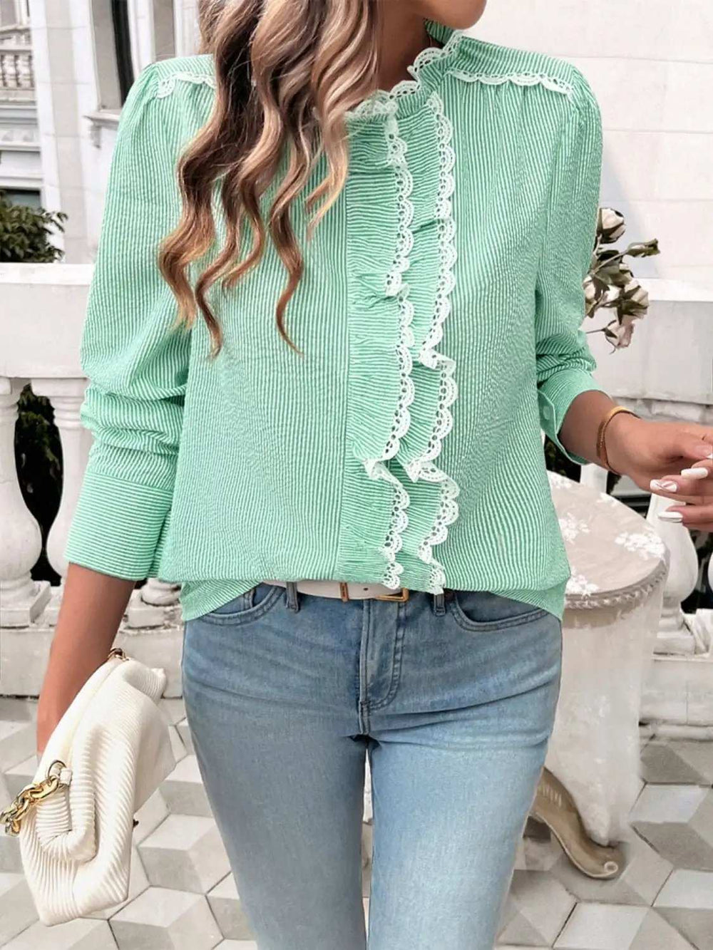 Lace Detail Ruffled Round Neck Long Sleeve Shirt - Trendsi - Flyclothing LLC
