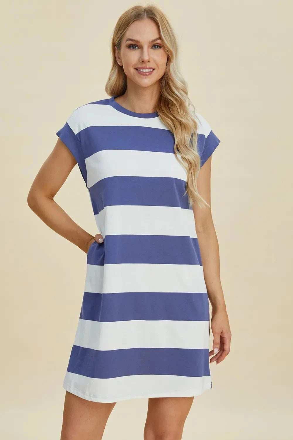 Basic Bae Full Size Striped Round Neck Cap Sleeve Mini Dress - Trendsi - Flyclothing LLC