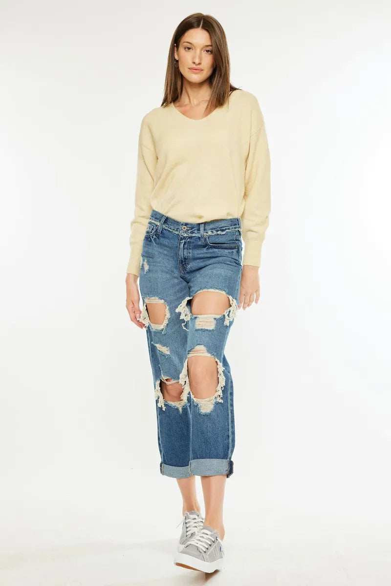 Kancan Distressed Mid Rise True Boyfriend Jeans - Trendsi - Flyclothing LLC