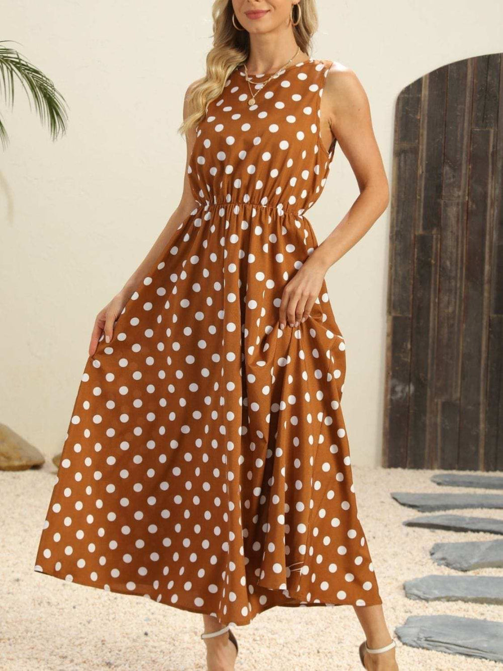 Polka Dot Round Neck Sleeveless Midi Dress - Trendsi - Flyclothing LLC
