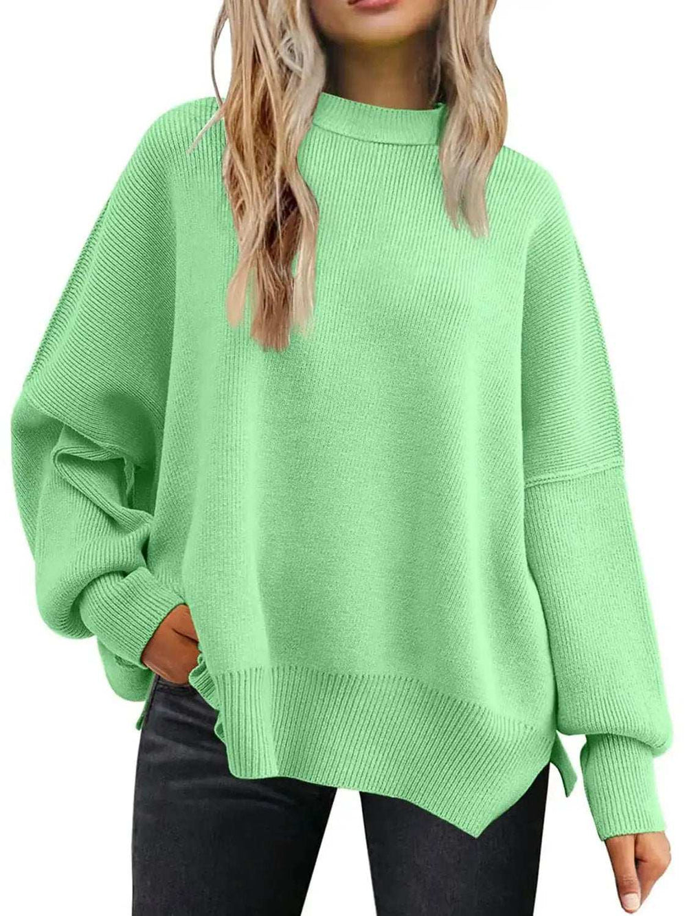 Slit Round Neck Dropped Shoulder Sweater - Trendsi - Flyclothing LLC