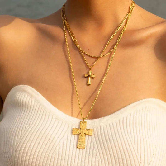 18K Gold-Plated Double Layered Cross Necklace - Trendsi - Flyclothing LLC