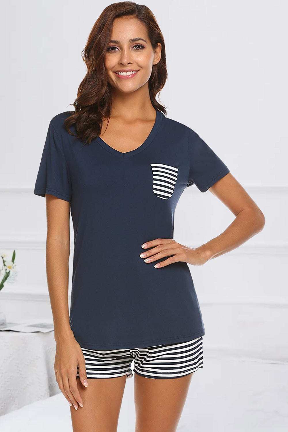 Striped Short Sleeve Top and Shorts Lounge Set - Trendsi - Flyclothing LLC