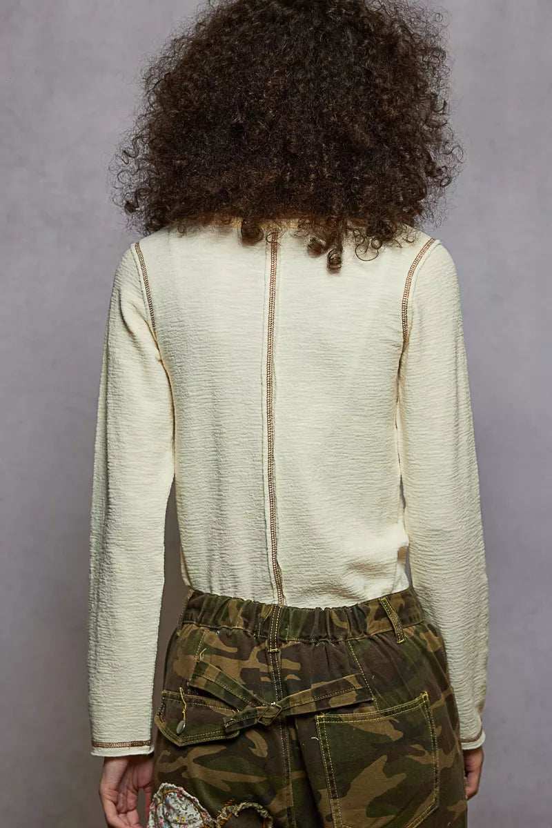 POL Round Neck Long Sleeve Contrast Stitching T-Shirt with Stud Detail - Trendsi - Flyclothing LLC