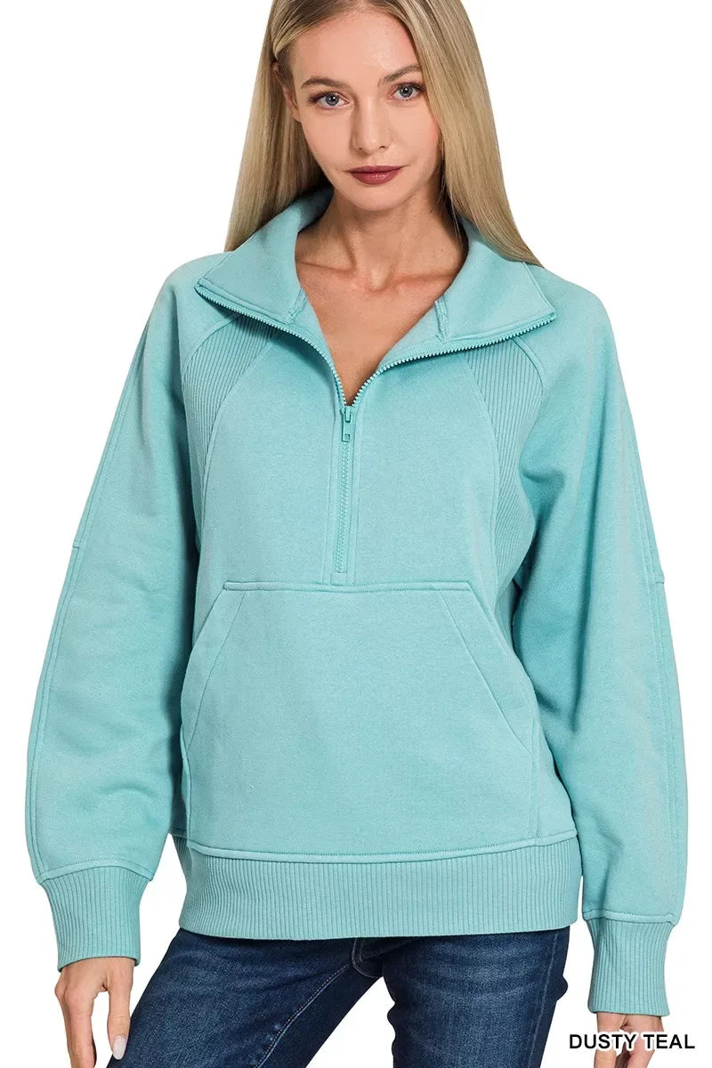 Zenana Half Zip Fleece Sweatshirt with kangaroo Pocket - Trendsi - Flyclothing LLC